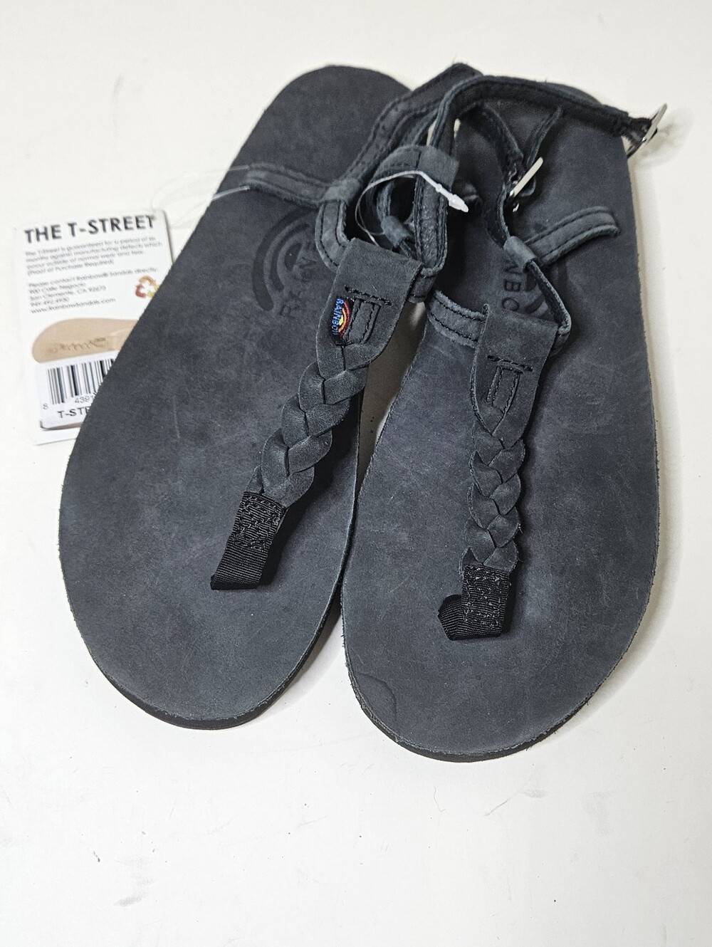 Rainbow T Street Thong Sandals Black Braided Leather Rubber 6.5 -7.5 Women's NWT - Picture 3 of 5
